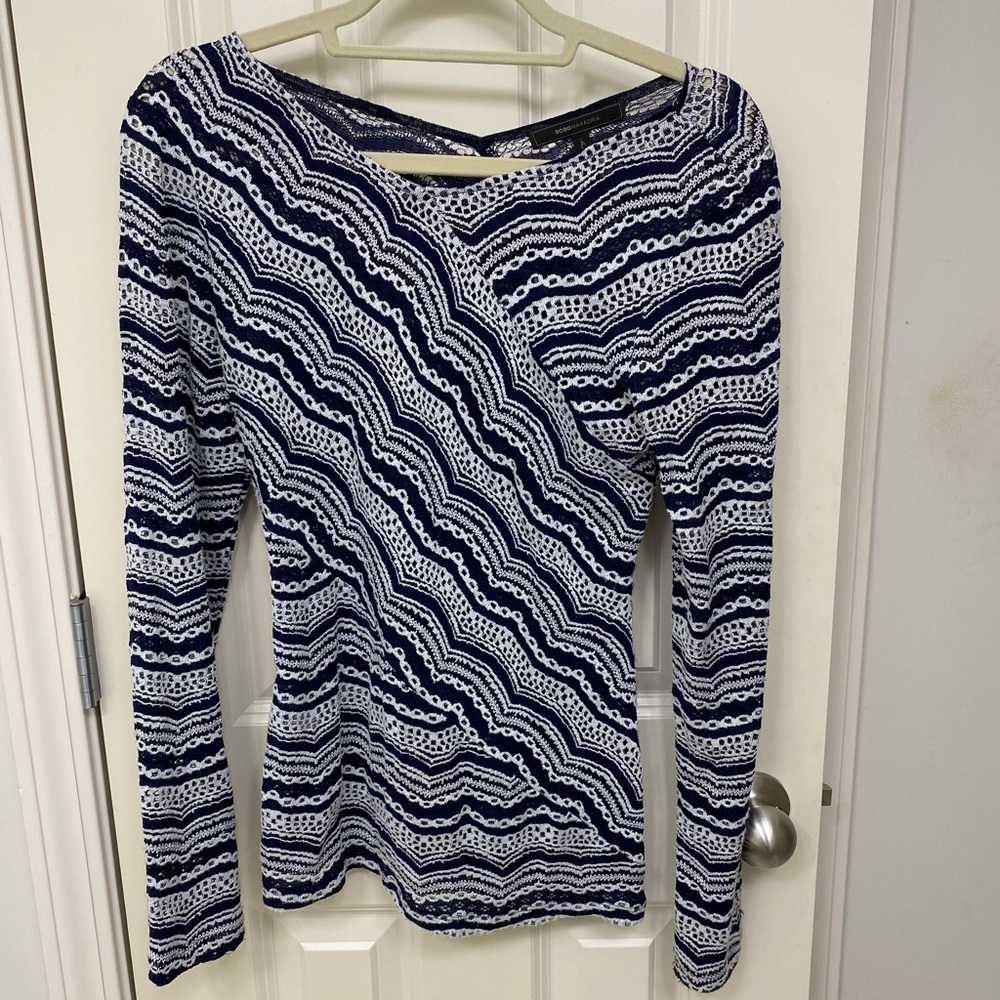 BCBG Max Azria Melysa lace knit long sleeve top in navy and white